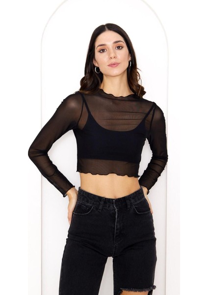 Uzun Kollu Crop Tül Bluz