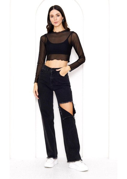 Uzun Kollu Crop Tül Bluz