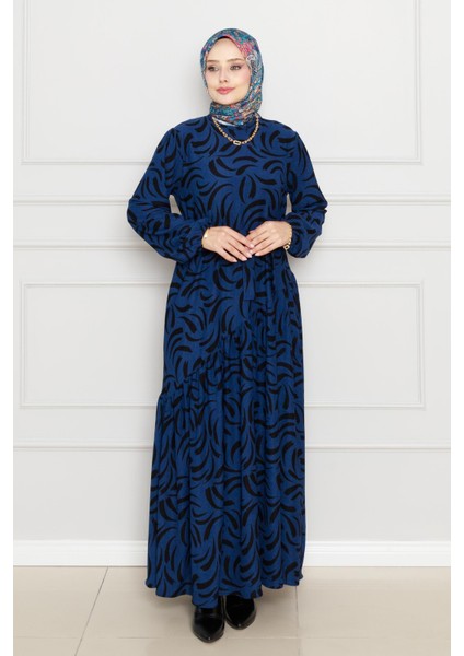 Beli Kuşaklı Çapraz Fırfırlı Lale Elbise-Saks Mavi