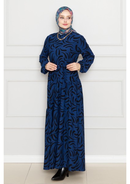 Beli Kuşaklı Çapraz Fırfırlı Lale Elbise-Saks Mavi modelleri