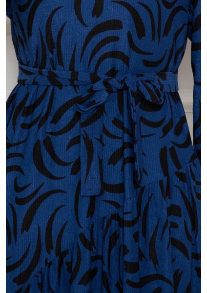 Beli Kuşaklı Çapraz Fırfırlı Lale Elbise-Saks Mavi fırsatları