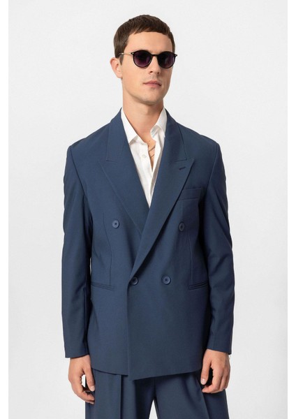 Indigo Tek Düğme Kruvaze Erkek Blazer Ceket