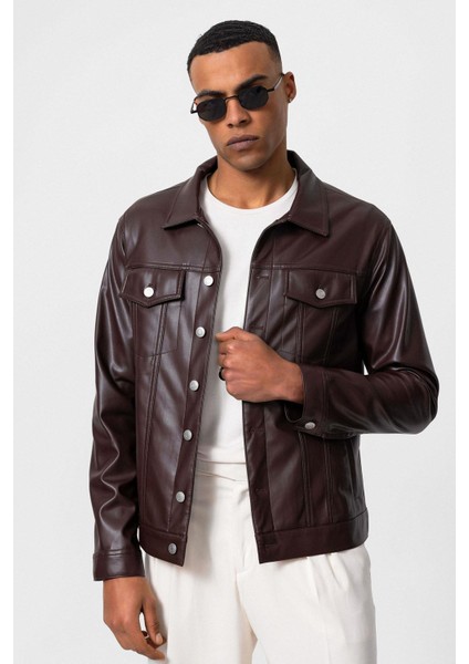 Kahve Erkek Slim Fit Düğme Kapamalı Deri Mont