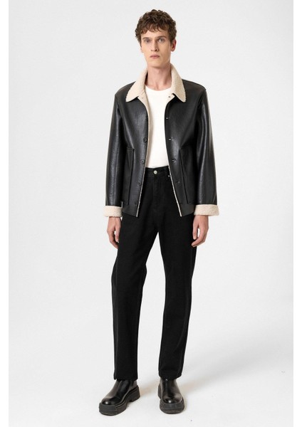 Siyah/ekru Astar Detaylı Suni Deri Erkek Mont modelleri