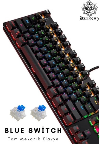 Dex-8 Mavi Switch Hotswap Rgb Mekanik Klavye - 9 Işık Modu + Anahtarlık Hediyeli