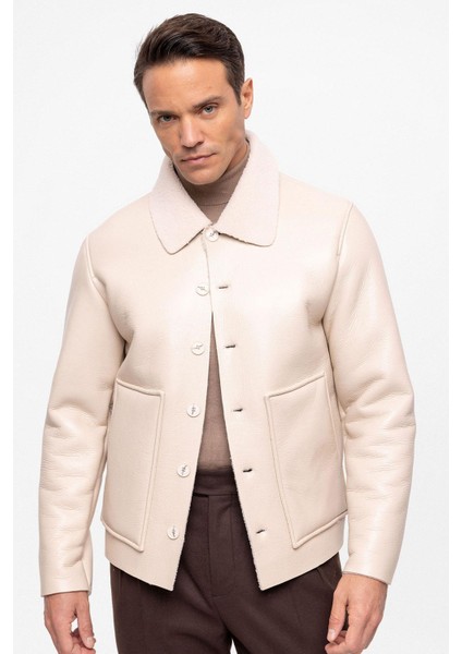 Bej Astar Detaylı Suni Deri Erkek Mont