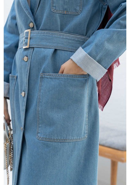 6655-KUŞAKLI Denim Ceket Mavi fiyatları