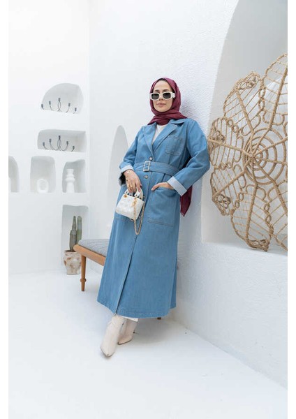 6655-KUŞAKLI Denim Ceket Mavi modelleri