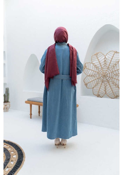 6655-KUŞAKLI Denim Ceket Mavi indirimleri
