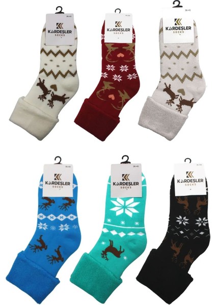 Kıvrık Havlu Soket Çorap 6 Renkli Paket Geyik Desenli