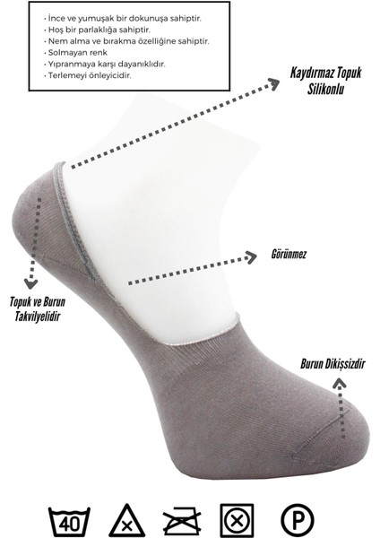 Bambu Erkek Babet Gri Çorap Dikişsiz Görünmez Kaydırmaz Topuk Silikonlu 6'lı Paket