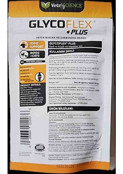 Vetriscience Glycoflex Plus Küçük Irk Köpek ve Kediler Için 60 Tablet