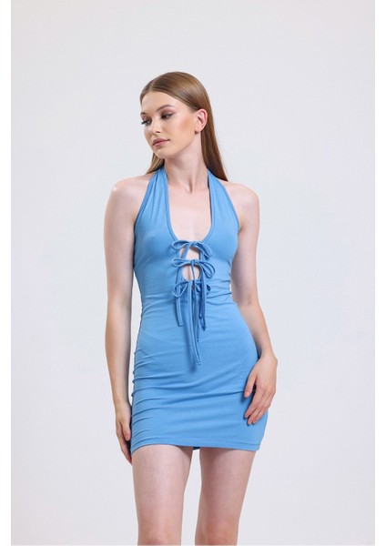 Boyundan Bağlamalı Dekolteli Mini Elbise