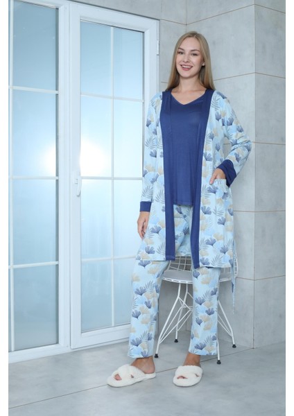 Viskon Desenli Mavi Pijama Takımı %100 Pamuk