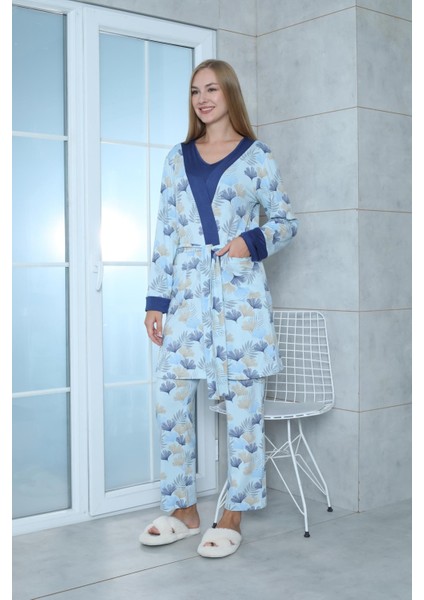 Viskon Desenli Mavi Pijama Takımı %100 Pamuk