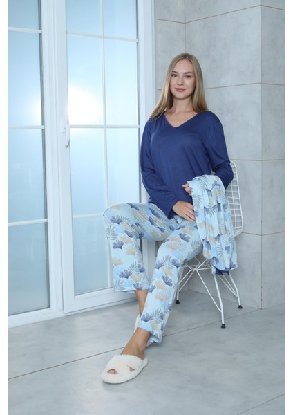 Viskon Desenli Mavi Pijama Takımı %100 Pamuk