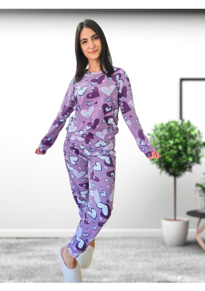 Kalp Desenli Kadın Polar Peluş Pijama Takımı (Mor) fiyatları