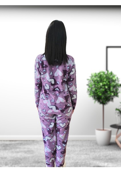 Kalp Desenli Kadın Polar Peluş Pijama Takımı (Mor) modelleri