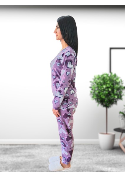 Kalp Desenli Kadın Polar Peluş Pijama Takımı (Mor) fırsatları