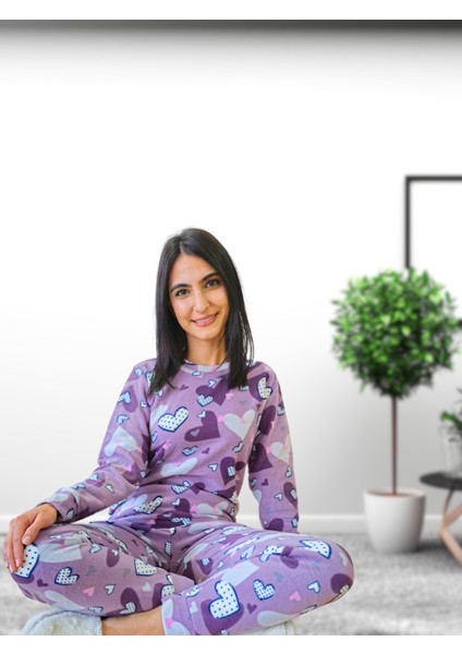 Kalp Desenli Kadın Polar Peluş Pijama Takımı (Mor) indirimleri