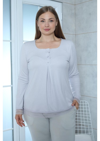 Viskon Melisa Gri Pijama Takımı %100 Pamuk