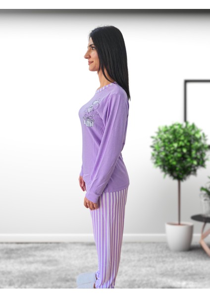 Sweet Kalp Desenli Pamuk Kadın Pijama Takımı (Eflatun) modelleri