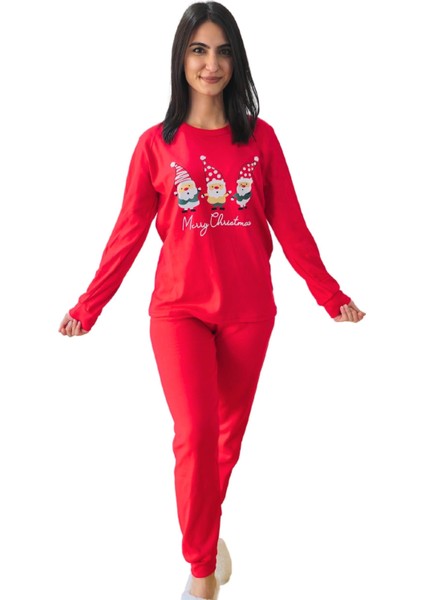 Baskılı Pamuk Kadın Yeni Yıl Pijama Takımı (Noel Baba)