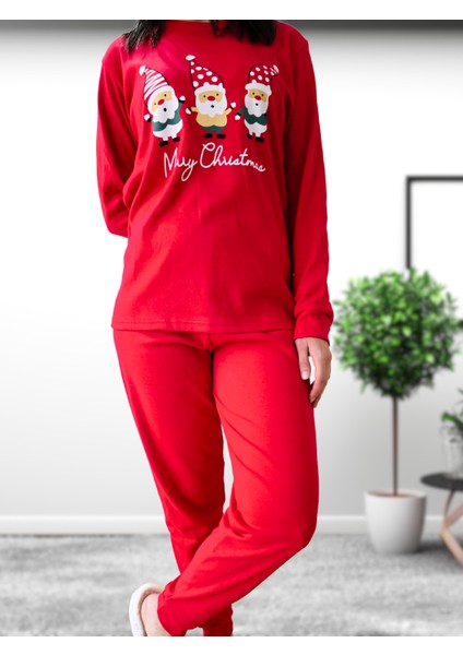 Baskılı Pamuk Kadın Yeni Yıl Pijama Takımı (Noel Baba) modelleri