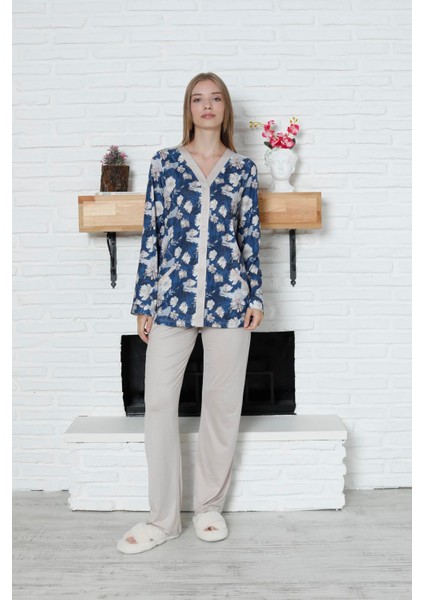 Viskon Desenli Lacivert Pijama Takımı %100 Pamuk
