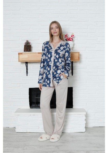 Viskon Desenli Lacivert Pijama Takımı %100 Pamuk