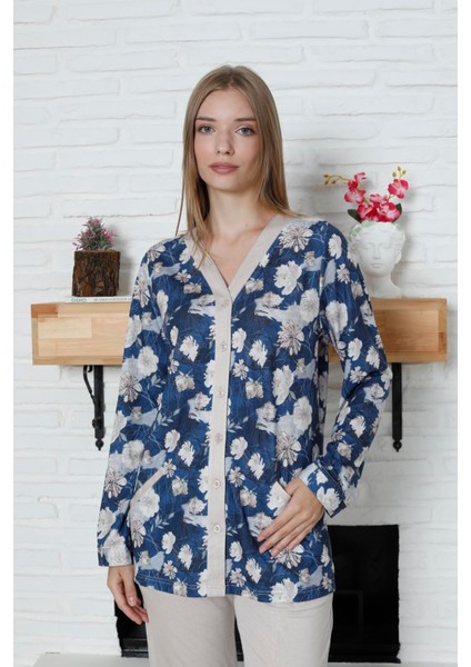 Viskon Desenli Lacivert Pijama Takımı %100 Pamuk