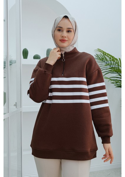 Şerit Detaylı Sweat Kahverengi