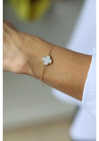 14 Ayar Altın Taşlı Beyaz Tekli Yonca Bileklik