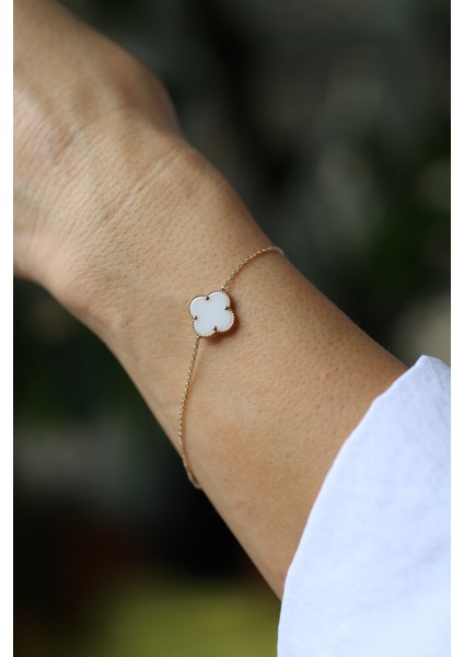 14 Ayar Altın Taşlı Beyaz Tekli Yonca Bileklik fiyatları