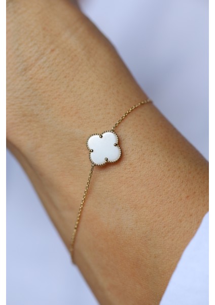 14 Ayar Altın Taşlı Beyaz Tekli Yonca Bileklik modelleri