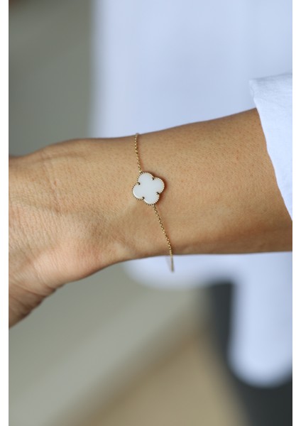 14 Ayar Altın Taşlı Beyaz Tekli Yonca Bileklik fırsatları