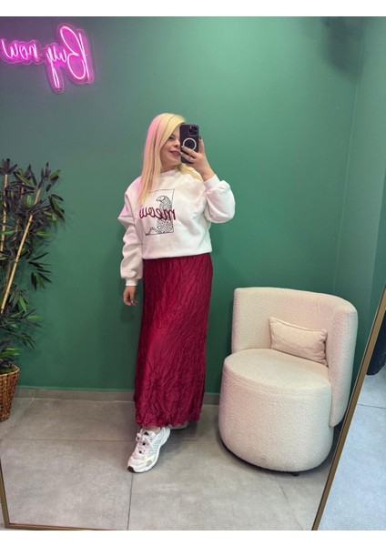 Kırışık Görünümlü Maxi Boy Bordo Saten Etek