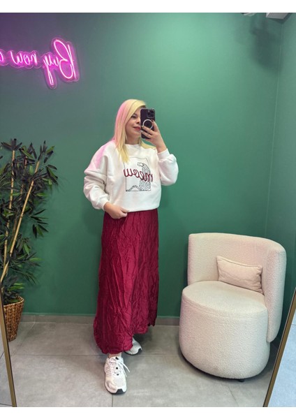 Kırışık Görünümlü Maxi Boy Bordo Saten Etek