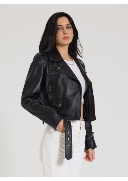 Kadın Siyah Biker Oversize Deri Ceket