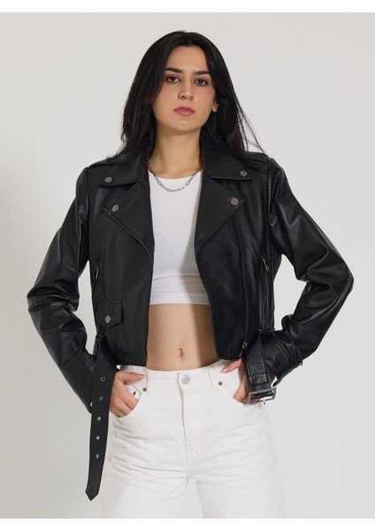 Kadın Siyah Biker Oversize Deri Ceket