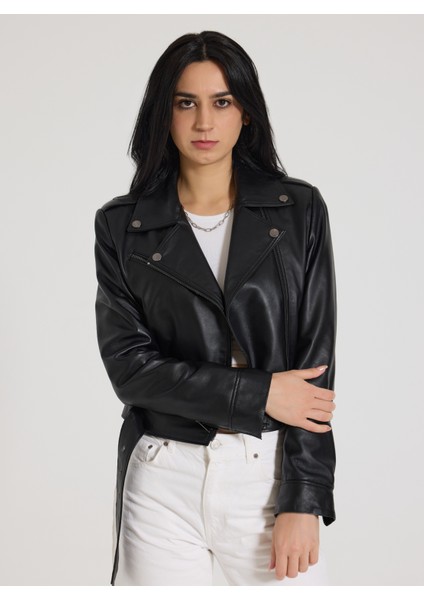 Kadın Siyah Biker Oversize Deri Ceket
