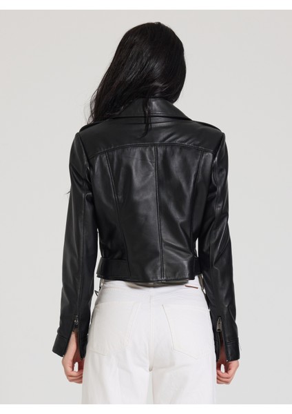 Kadın Siyah Biker Oversize Deri Ceket