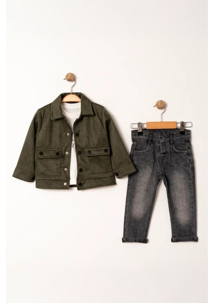 (1-4 Yaş) Desenli Süet Ceketli Erkek Çocuk 3 lü takım - Haki
