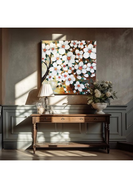 Dallarda Açan Beyaz Çiçekler Kanvas Tablo