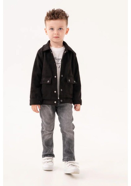 (1-4 Yaş) Desenli Süet Ceketli Erkek Çocuk 3 lü takım - Siyah