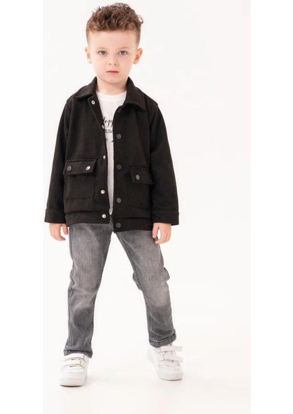 (1-4 Yaş) Desenli Süet Ceketli Erkek Çocuk 3 lü takım - Siyah modelleri