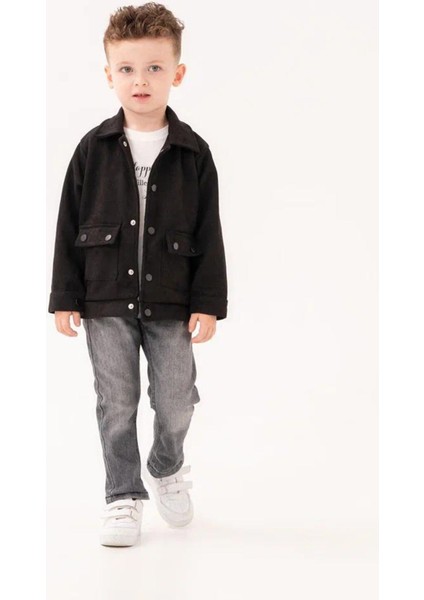 (1-4 Yaş) Desenli Süet Ceketli Erkek Çocuk 3 lü takım - Siyah fırsatları