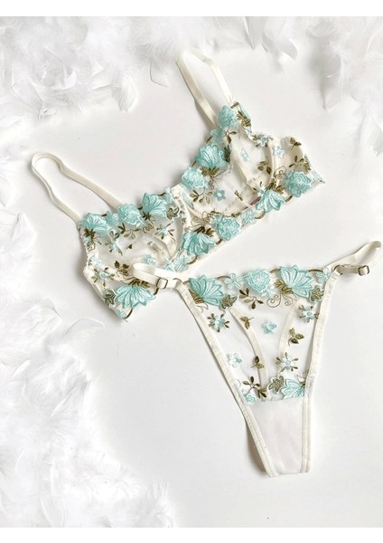 Su Yeşili Işlemeli Sütyen Takım