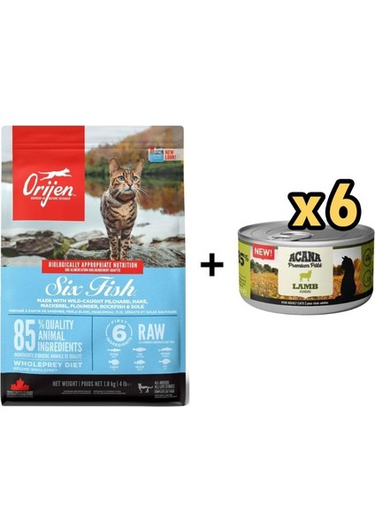 Six Fish Yetişkin Kedi Maması 1.8 kg + 6 Adet Acana Premium Kuzulu Ezme Kedi Konservesi 85 gr