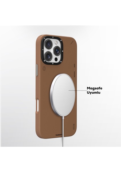 iPhone 16 Pro Max Kılıf Magsafe Uyumlu Basit Mat Deri Desen Tech Fashion Serisi Kahverengi